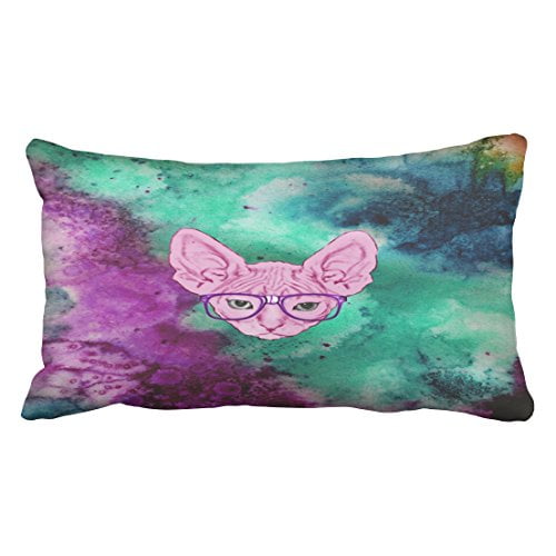 WinHome Vintage Cute Funny Geeky Cat On Watercolor Backgroun Watercolor Polyester 20 x 30 Inch Rectangle Throw Pillow Covers With Hidden Zipper Home Sofa Cushion Decorative Pillowcases