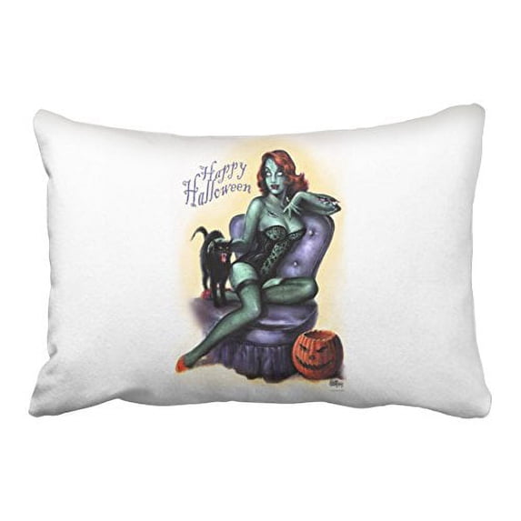 WinHome Vintage Fashion Happy Halloween Zombie Girl Pin Up Pumpkin Polyester 20 x 30 Inch Rectangle Throw Pillow Covers With Hidden Zipper Home Sofa Cushion Decorative Pillowcases
