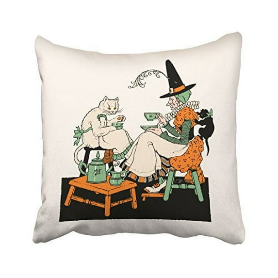 WinHome Vintage Halloween Witch Having Tea With Her Cats Throw Pillow Covers Cushion Cover Case 20x20 Inches Pillowcases Two Side