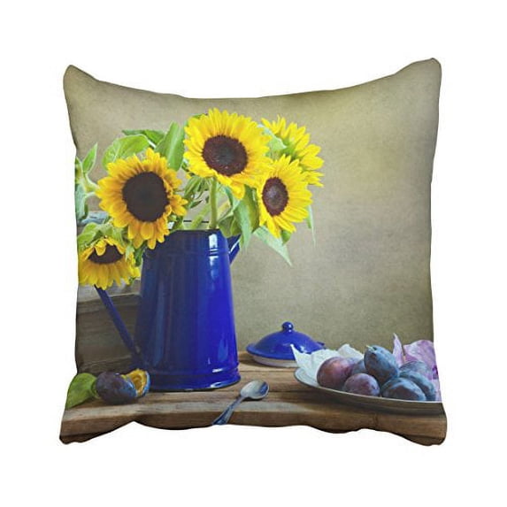 WinHome Yellow Sun Flowers Royal Blue Vase Plums Vintage Decorative Pillowcases With Hidden Zipper Decor Cushion Covers Two Sides 18x18 inches