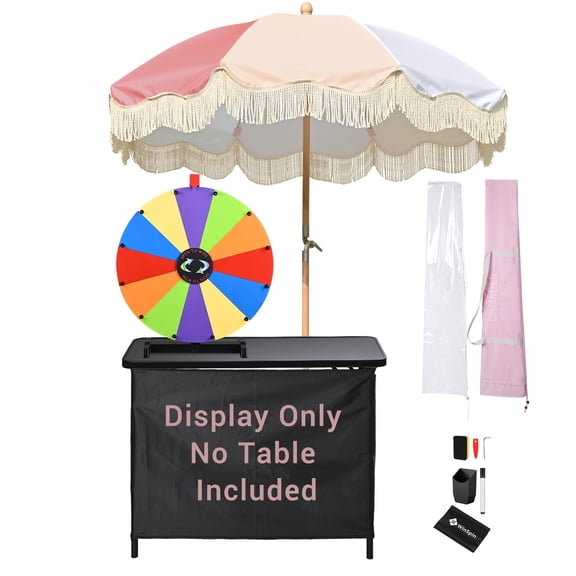 WinSpin 24" Modular Prize Wheel Tabletop w/ Palm Springs Pink Fringe Umbrella for Outdoor Pop-up Shop Craft Booth