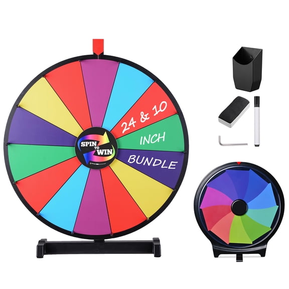 WinSpin Prize Wheel Combo Kit 24" & 10" Tabletop Spinning Game 14 Rainbow Slots Dry Erase Dual-Size Portable Roulette