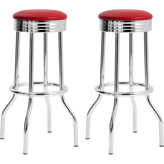 WinVoyage 2-Pack Red Swivel Bar Stools, Faux Leather Upholstered Metal, Chrome Base, Backless, 30in Height, Modern Kitchen Dining