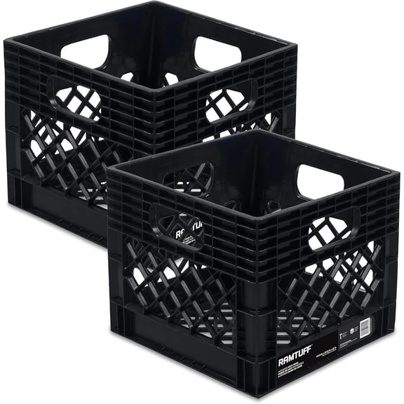 WinVoyage 2-Pack Stackable Milk Crates, Heavy-Duty Plastic Storage Bins w/Handles, 250lb Load, Black Home Organizers
