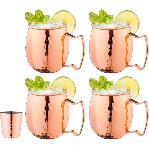 WinVoyage Moscow Mule Mugs Set of 4 - 16oz Hammered Copper, Large Comfort Handle, Stainless Steel Interior, Bonus Shot Glass