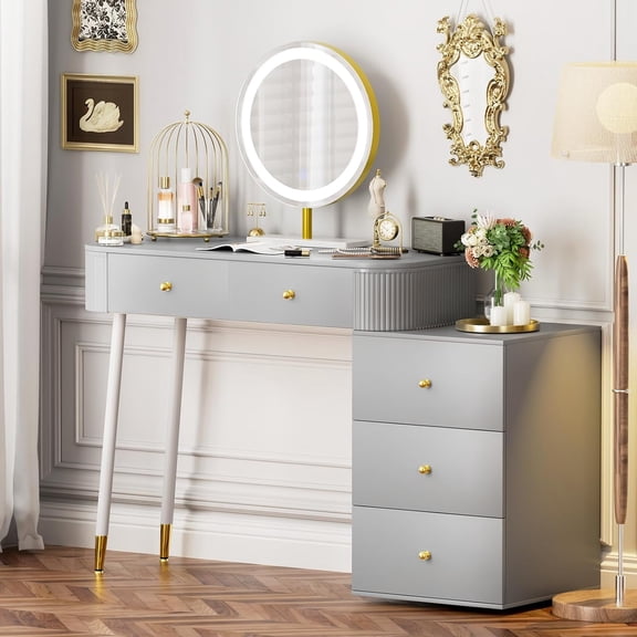 WinZo 36" Vanity Desk with Mirror and 3 Light Modes, Dressing Table Set with 5 Sliding Drawers, Makeup Desk with Charging Station, Modern Vanity for Small Spaces & Bedroom, Gray