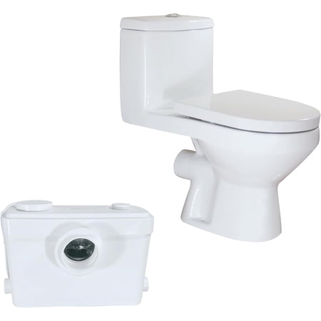 WinZo 600W Macerating Toilet System Dual Flush with 3 inlets Macerator Pump One Piece Round Basement Bathroom,Horizontal Rear Outlet,White