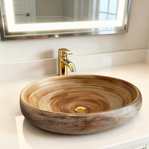 WinZo Bathroom Artistic Vessel Sink, 24x16x5.9 inch Oval Bowl Sink, Retro Ceramic Washbasin Above Counter, Ceramic Porcelain Bathroom Sink Bowl for Vanity, Carving Brown