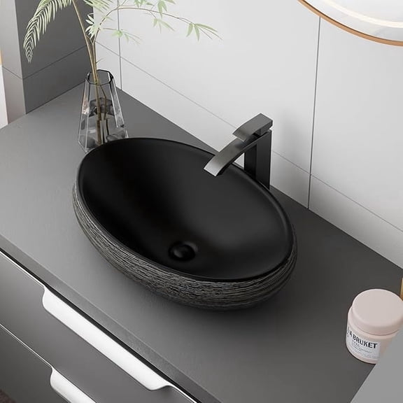 WinZo Bathroom Artistic Vessel Sink, 24x16x5.9 inch Oval Bowl Sink, Retro Ceramic Washbasin Above Counter, Ceramic Porcelain Bathroom Sink Bowl for Vanity, Matte black