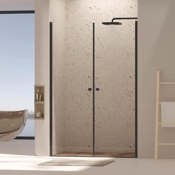 WinZo Frameless Pivot Shower Door, Pivot Swing Shower Glass Doors with 1/4"(6mm) Clear Tempered Glass,Explosion-Proof Film, Reversible Installation, Brushed Nickel (Matte Black, 48"72")