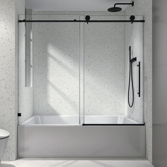 WinZo Frameless Tub Shower Door 56-60" W x 63" H, Bathtub Sliding Shower Door with 5/16"(8mm) ANSI Thick Tempered Glass, Explosion-Proof Film, Stainless Steel Hardware, Matte Black