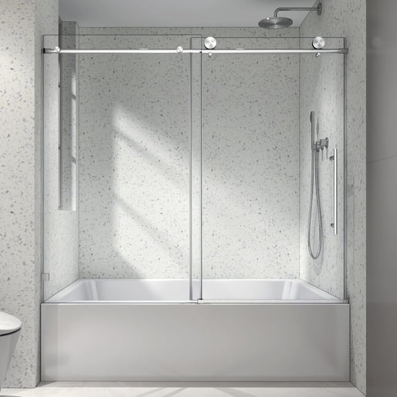 WinZo Frameless Tub Shower Door 56-60" W x 63" H, Bathtub Sliding Shower Door with 5/16"(8mm) ANSI Thick Tempered Glass, Explosion-Proof Film, Stainless Steel Hardware, Brushed Nickel