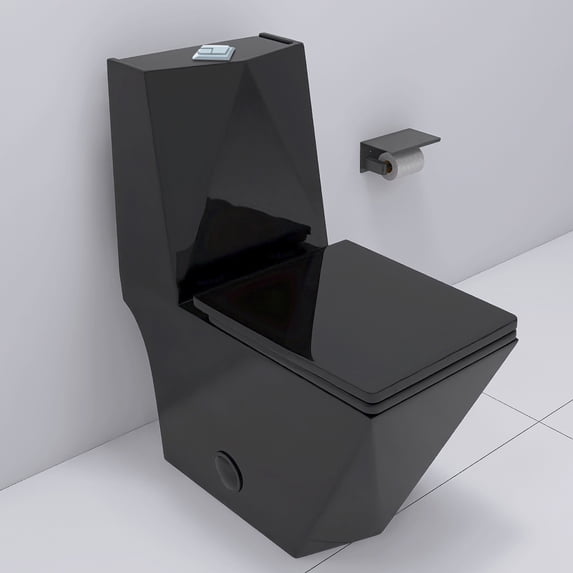 WinZo WZ5070B Rectangular One Piece Toilet Elongated Square Bowl Flush Powerful Flushing Unique Modern Design Glossy Black 12"Rough-in