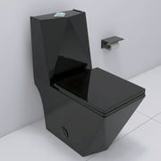 WinZo WZ5070B Rectangular One Piece Toilet  Elongated Square Bowl Flush Powerful Flushing Unique Modern Design Glossy Black 12"Rough-in