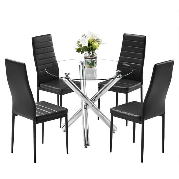 Winado 5 Piece Round Dining Table Set, Modern Kitchen Table and Chairs for 4 Person,Dining Room Table Set with Clear Tempered Glass Top