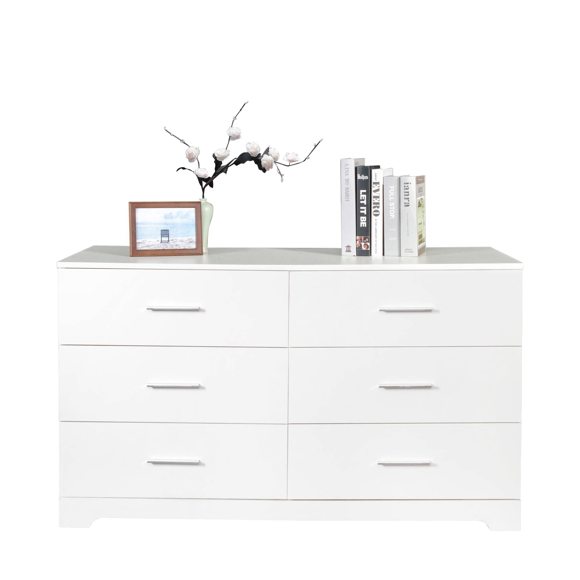 White Modern Wood 6-Drawer Wide Dresser
