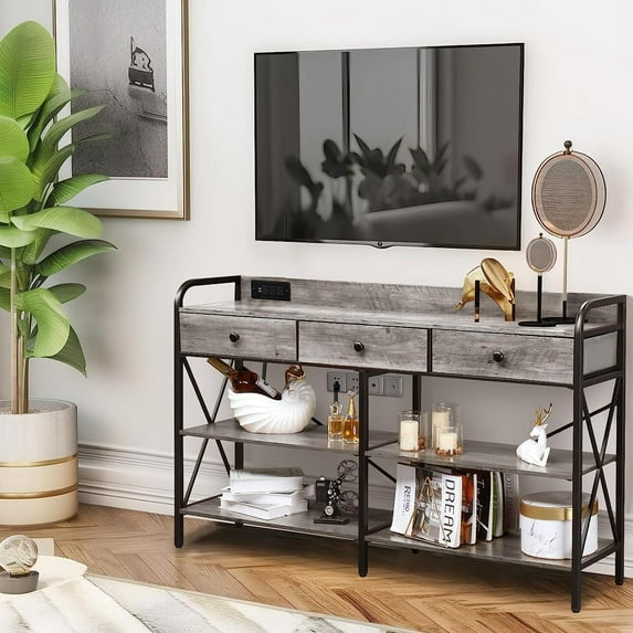 Winado Console Table with Outlet and USB Ports, Extra Long Entryway Table with Metal Frame and X-Shaped Design, Narrow Sofa Table for Living Room and Hallway