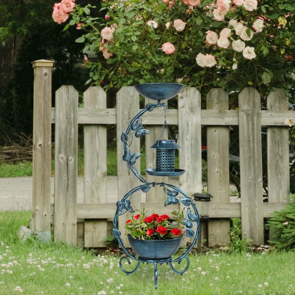 Winado Outdoor Bird Baths, Metal Garden Support,37.8" Height, Solar Feeder and Flower Planter Pedestal, Antique Blue