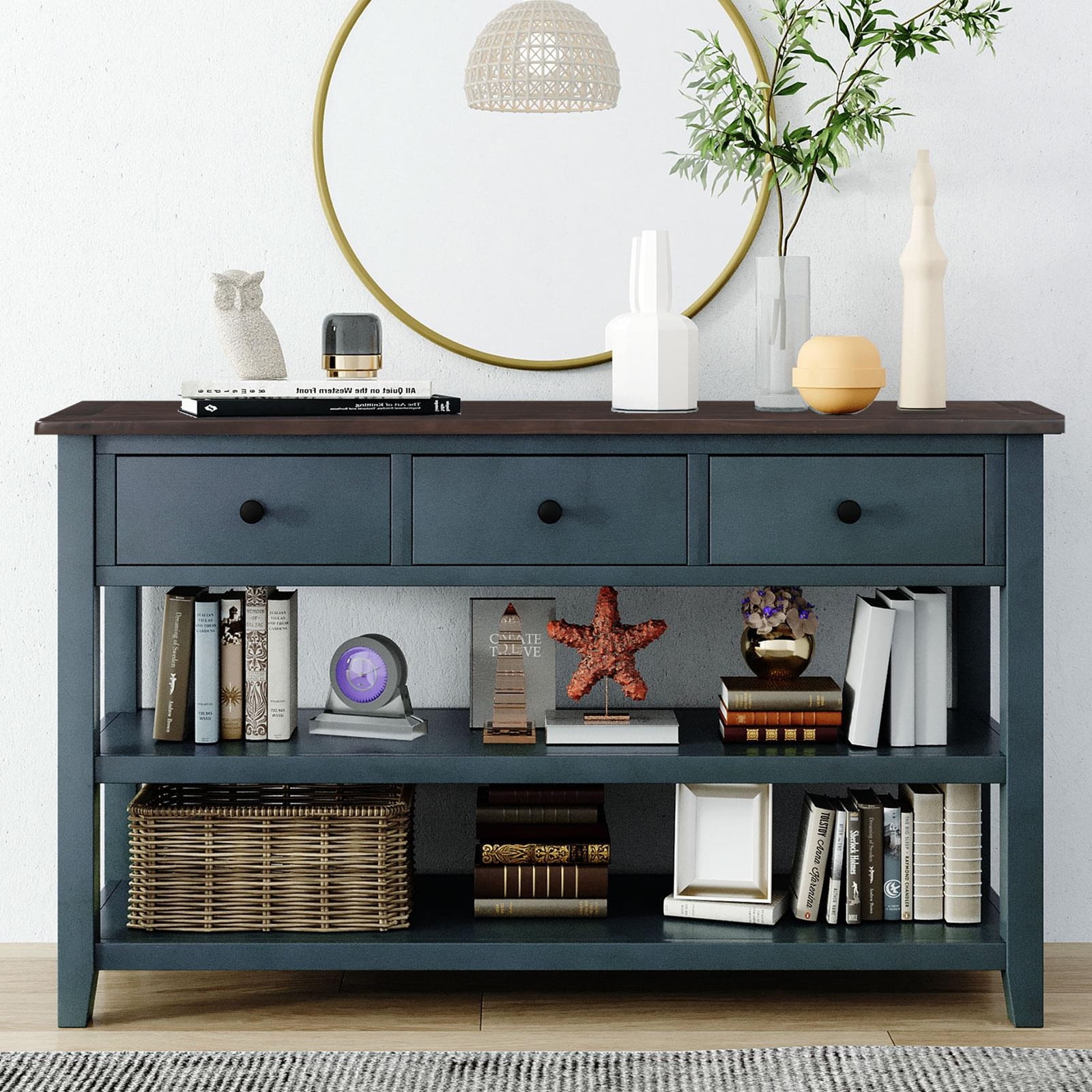 Mid-Century Console Sofa Table with Storage Drawers - Navy Blue