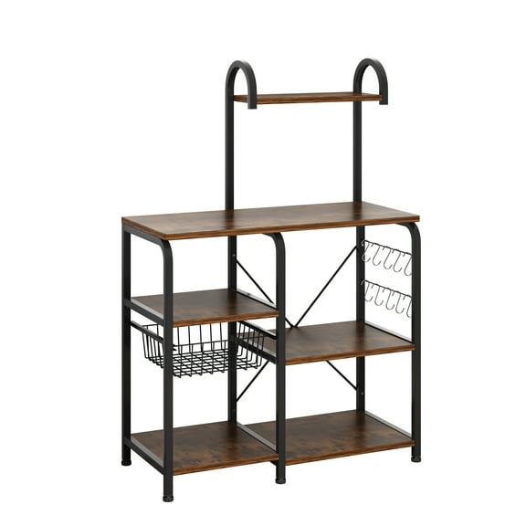 Winado Multifunction Kitchen Microwave Oven Stand, Baker's Rack, Free Standing Kitchen Utility Cart Storage Shelf Shelving Unit Organizer with Drain Basket, Spice Rack & 10 Hooks, Vintage/Brown
