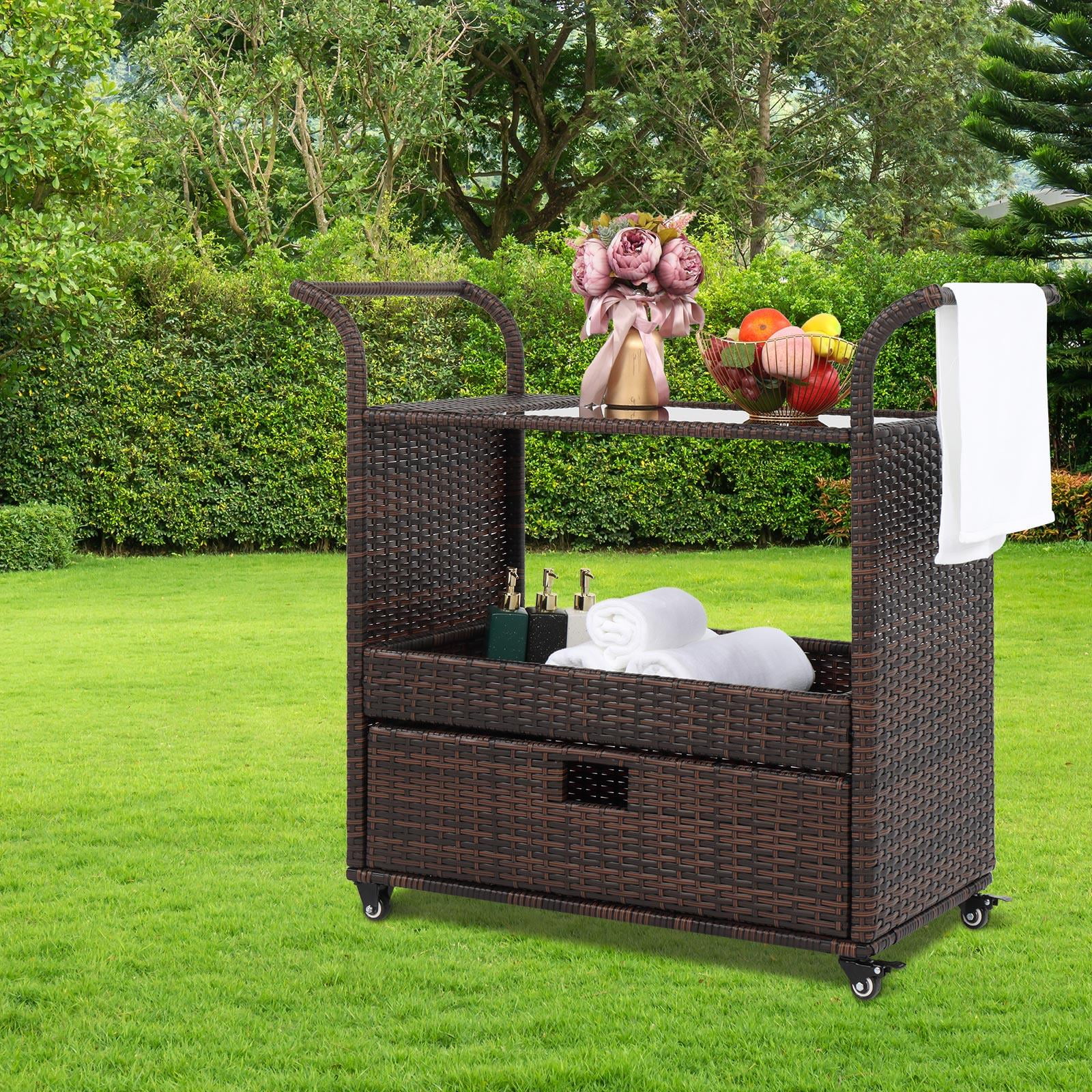 Walmart Saving of  Winado Outdoor Wicker Rolling Bar Cart, Wine Glass Holders, Storage, Patio Serving Cart, UV Resistant
