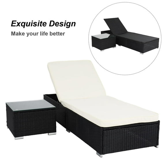 Winado Wicker Patio Chaise Lounge Chair,Outdoor Rattan, 2 PCs Balck Frame, Black w/ Beige Cushion