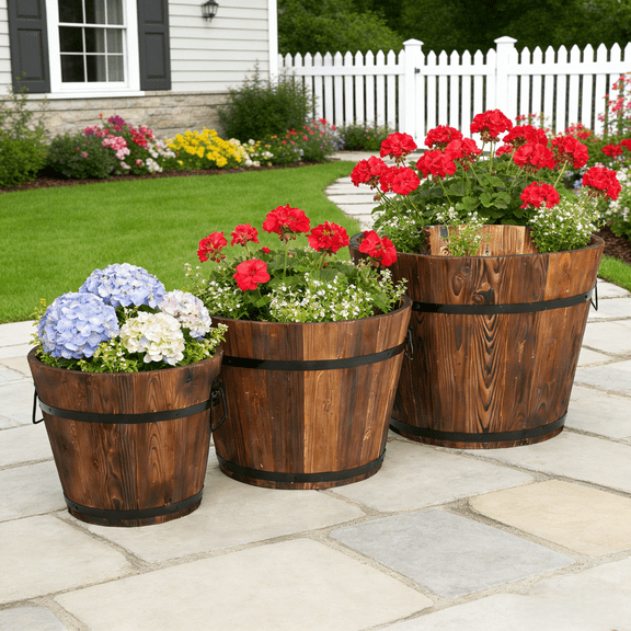 Winado Wooden Bucket Barrel Planters Flower Pots for Plants Outdoor Indoor Decor Set of 3