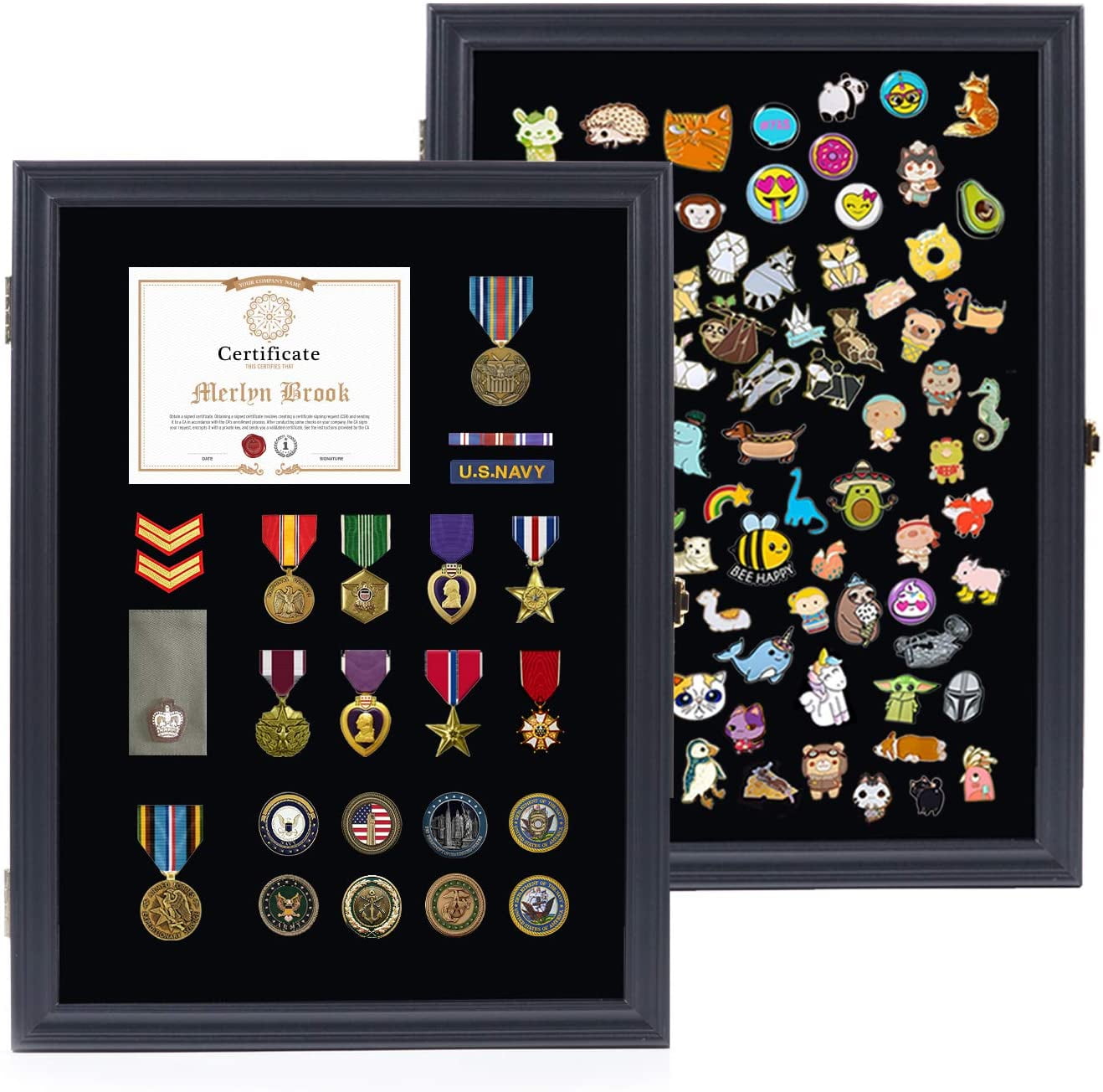 Pin Button Medal Display Case Wall Cabinet Shadow Box, Real Glass Door  19X14