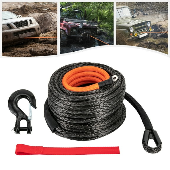 Winch Rope Synthetic Line Recovery Cable Black w Hook 4WD ATV SUV 3 8 x 92ft