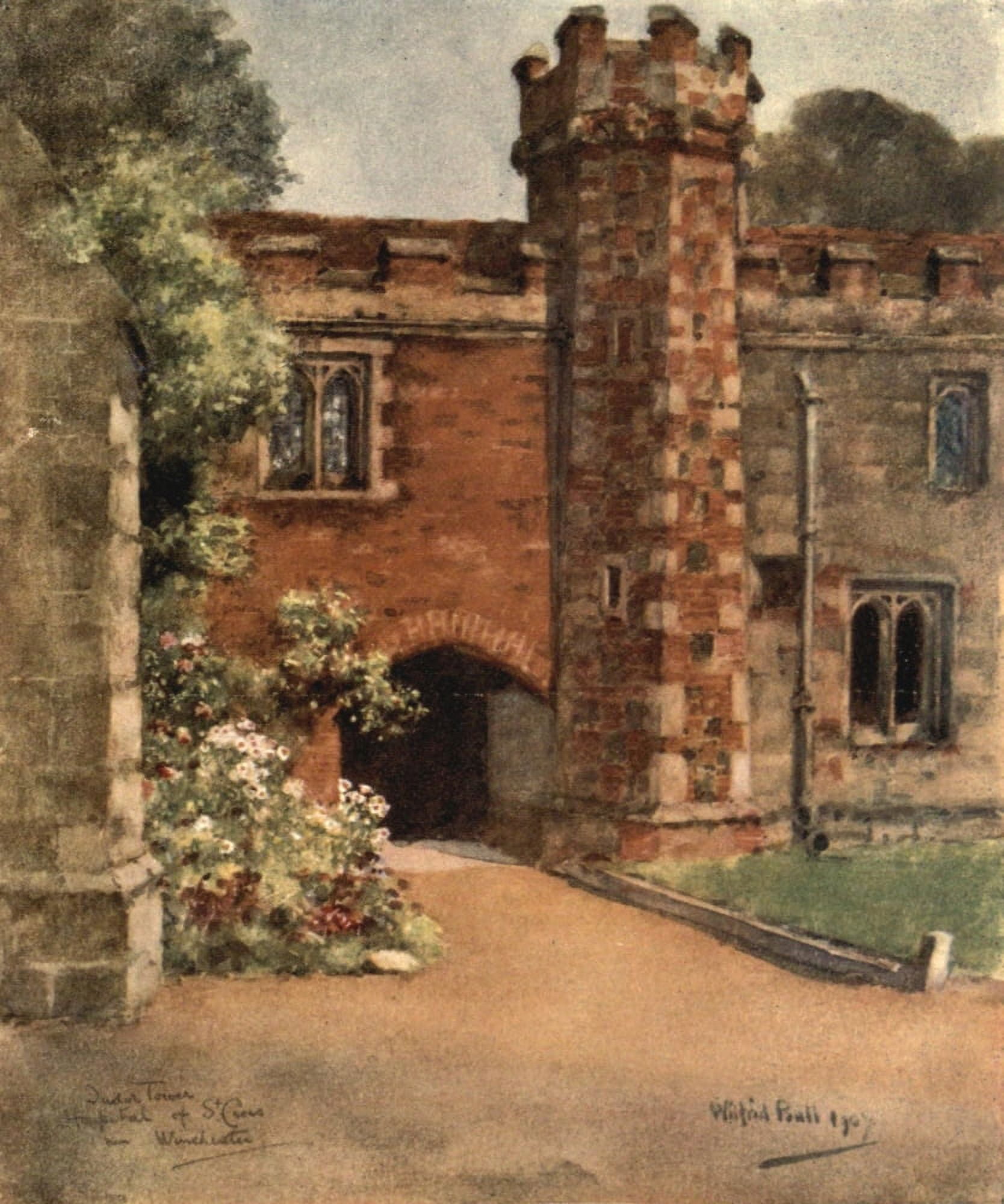 Winchester 1910 Tudor Tower Hospital of St Cross Canvas Art - Wilfrid Ball (18 x 24)
