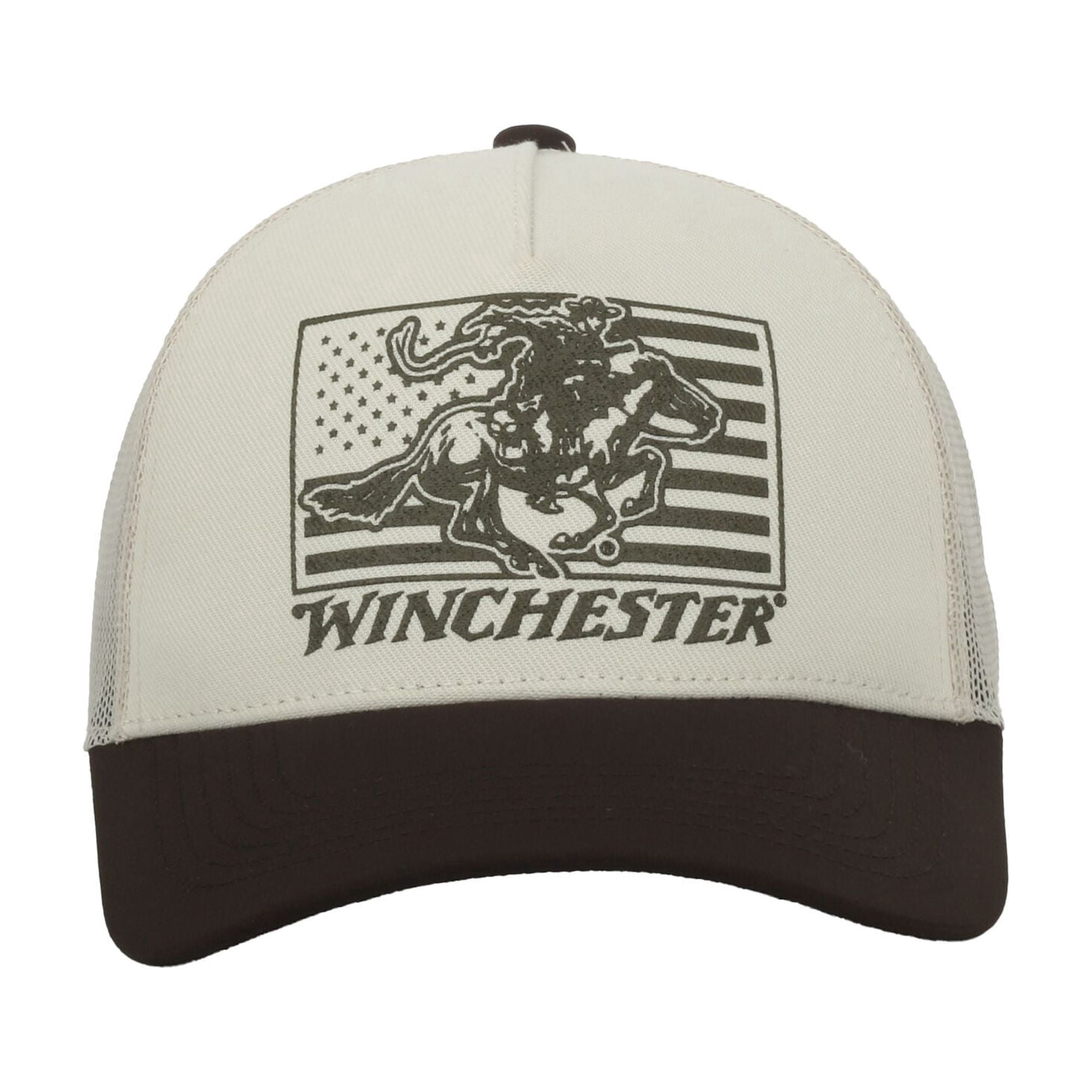 Winchester Structured 5-Panel Trucker Hat – American Flag Screen Print, Meshback Cap, Putty/Brown, One Size