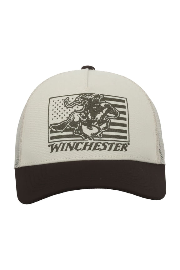 Structured 5-Panel Trucker Hat American Flag Screen Print, Meshback Cap, Putty/Brown, One Size