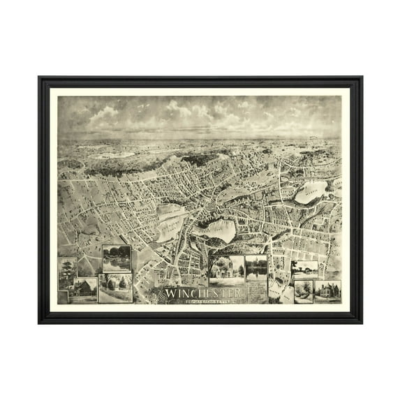Winchester Art, 1898 Vintage Map of Winchester Massachusetts, MA History Wall Decor Gift, Old Winchester Map - 36" x 24" Black Framed Print