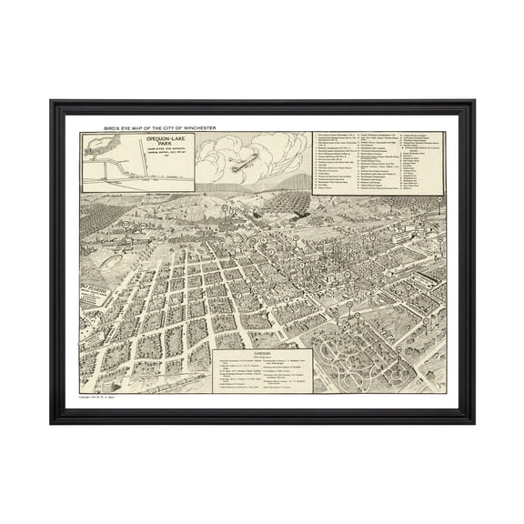 Winchester Art, 1926 Vintage Map of Winchester Virginia, VA History Wall Decor Gift, Old Winchester Map - 24" x 18" Black Framed Print