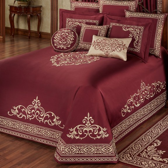 Winchester Royal Style Bedding, Gold-Embroidered Ruby Red Sateen, 3-pc Queen Bedspread Set