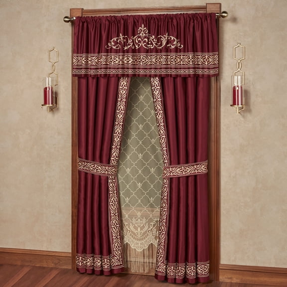 Winchester Royal Style Window Set, Gold-Embroidered Ruby Red Sateen Valance & 96L Curtains