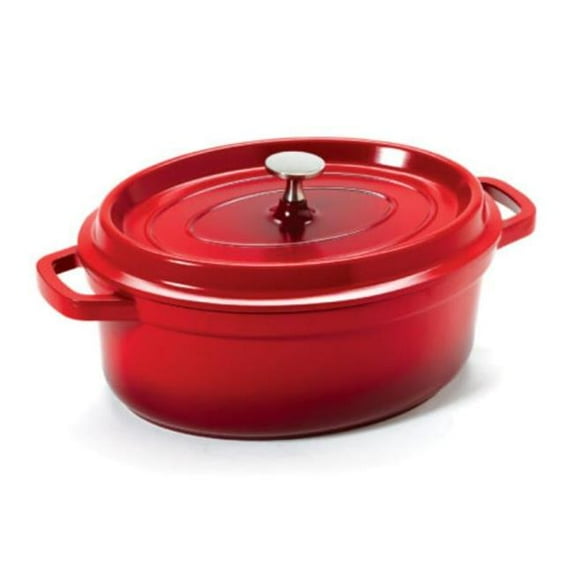 Winco CA-009-R-BK-CC 3.5 qt. - 3.75 qt. Rim-Full - 10.25 x 7.88 in. Induction Ready Oval Dutch Oven with Lid, 3.5 in. Deep - Clear Coat - Red