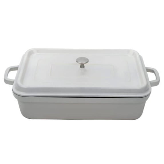 Winco CA-017-AWH-BK-CC 7.5 qt. Cast Aluminum Antique White with Clear Coat & Black Interior Induction Ready Rectangular Roaster with Lid - 8 qt. Rim-Full