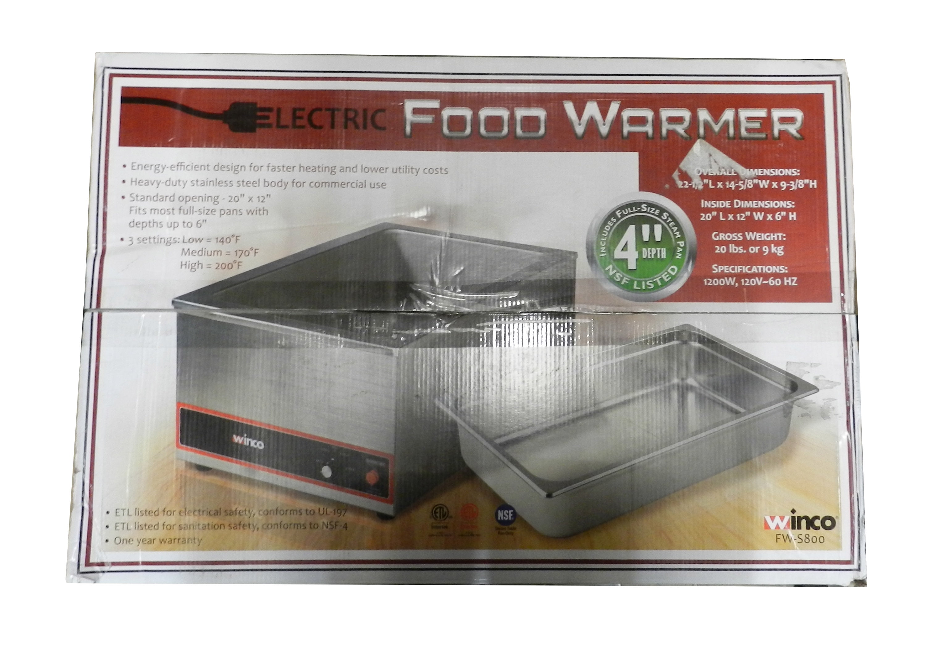 Winco FW-S600 Food Cooker/Warmer Electric 22-1/2W X 14-5/8D X 10-5/8H  (overall Dimensions)