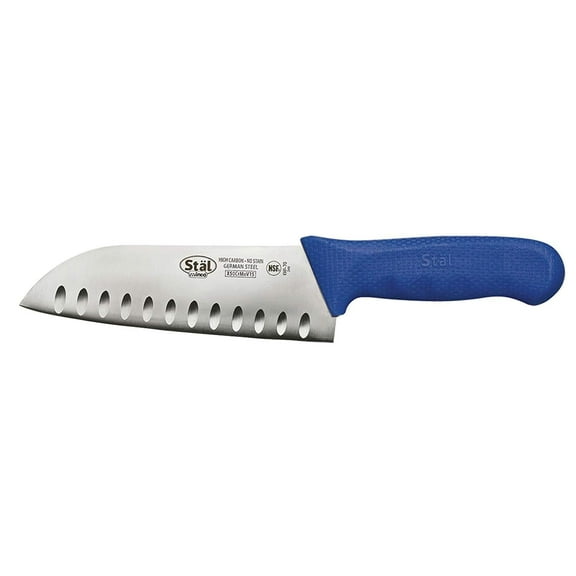 Winco KWP-70U Stl Stamped Cutlery Santoku Knife 7" Stainless Steel Blade, Hollow Granton Edge, Blue Plastic Handle