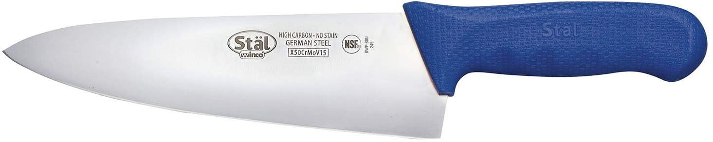 Winco KWP-80U Stl Stamped Cutlery Chef's Knife 8" Stainless Steel Blade, Blue Plastic Handle