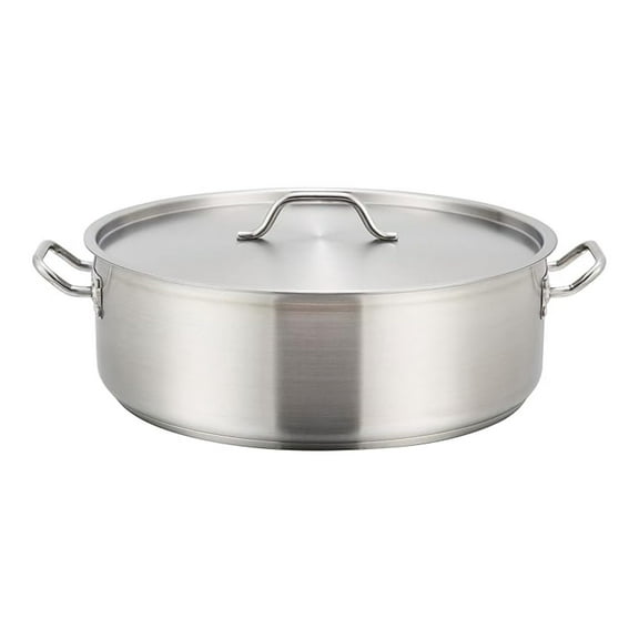 Winco Stainless Steel Brazier with Lid, 10 Quart - Heavy Duty Restaurant Pan - NSF Listed - Induction Safe - Commercial Grade Tri-Ply Bottom for Even Heating