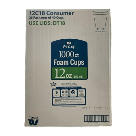 Wincup Foam Cold and Hot Cup, 12 oz, 25 Sleeves of 40, 1000 ct