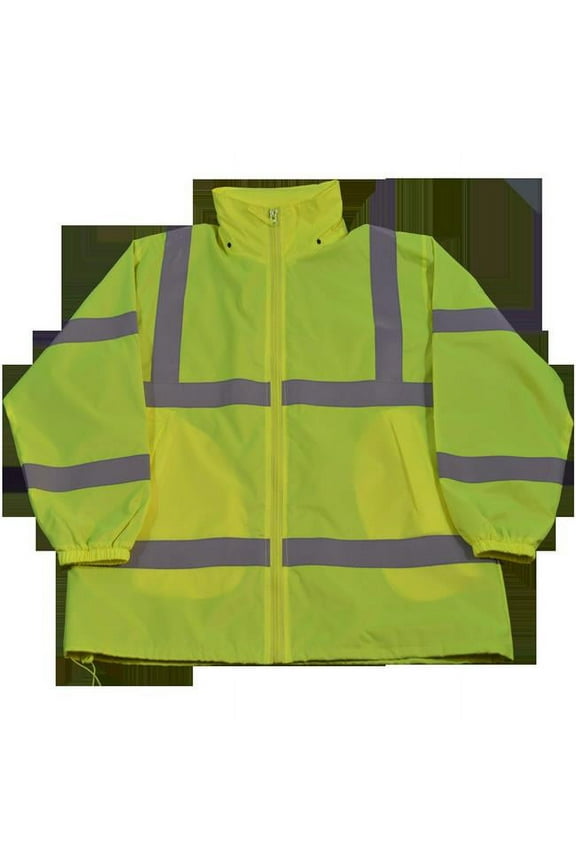 Wind Breaker Jacket Ansi Class 3 Lime Green Light Weight with Removable Hood & Zipper Closure, 2Xl