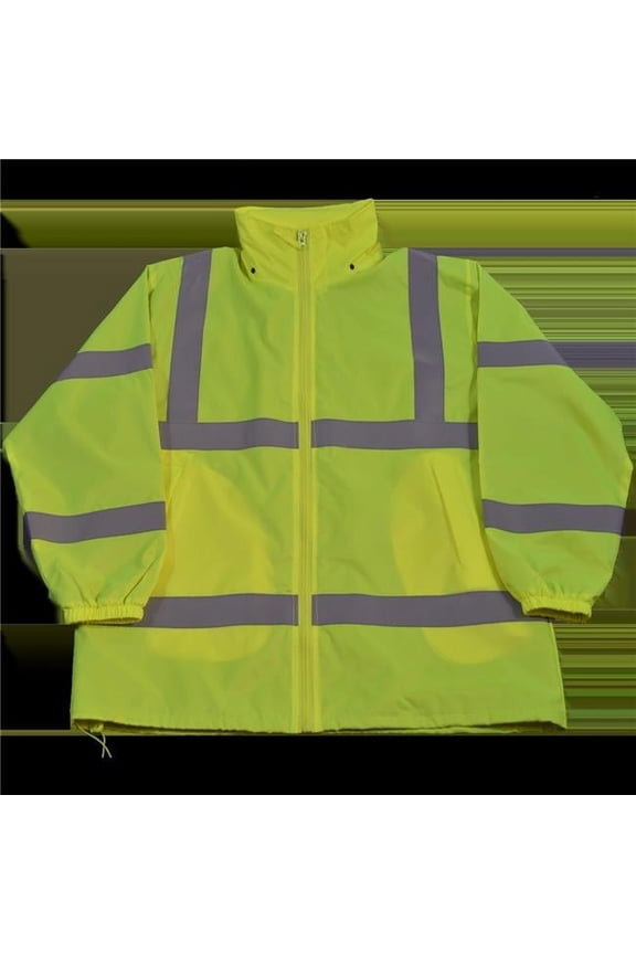 Wind Breaker Jacket Ansi Class 3 Lime Green Light Weight with Removable Hood & Zipper Closure, Extra Large