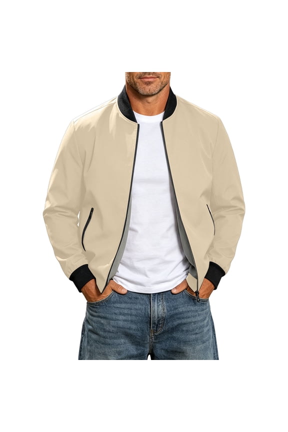 Wind Breaker Jacket Jerdar Baseball Collar Jacket for Men Solid Color Casual Zip-Up Stand Collar Coat Windproof Baseball Jacket for Spring and Autu