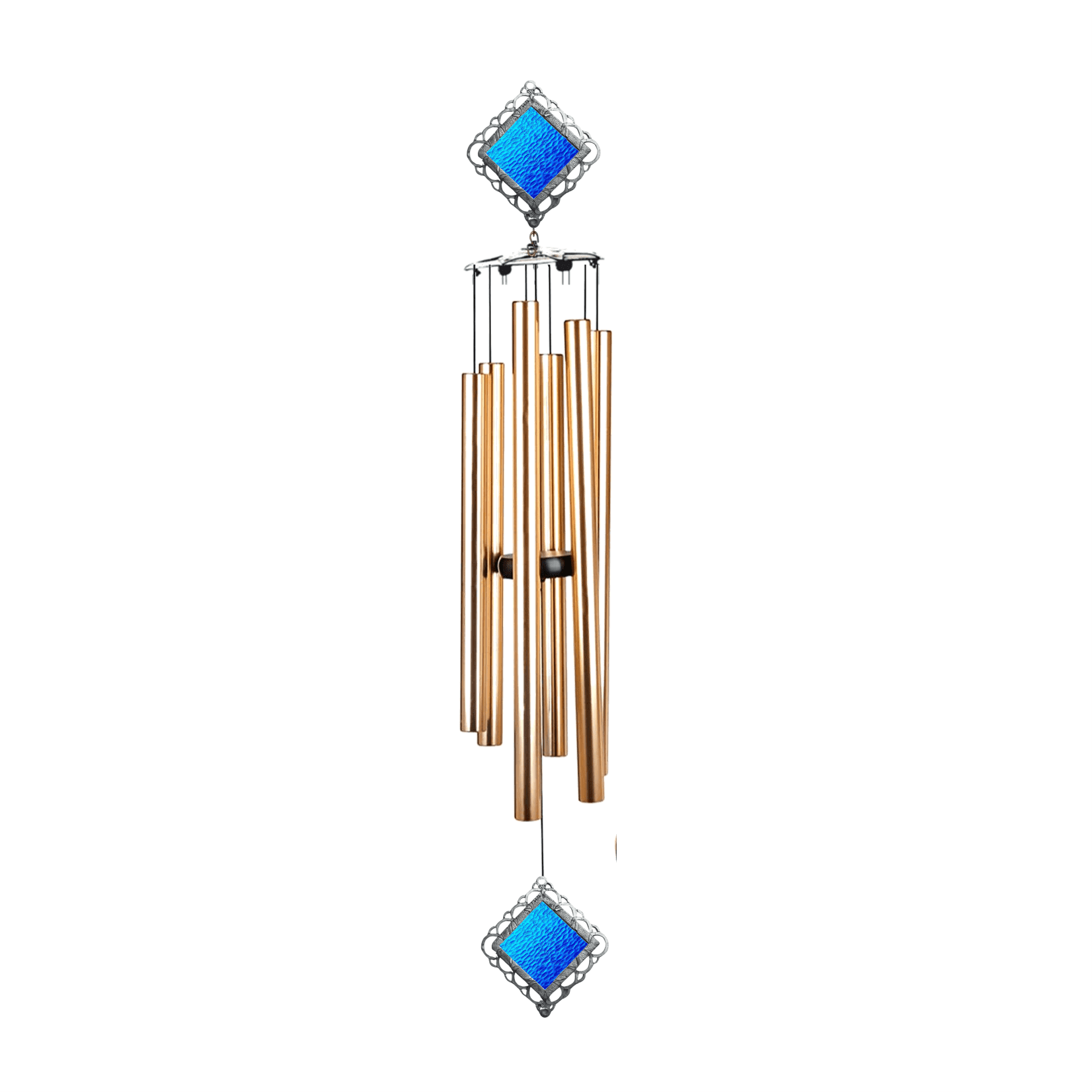 Teal and Gold Stained Glass Wind Chime with Aluminum Tubes - 36 Inches