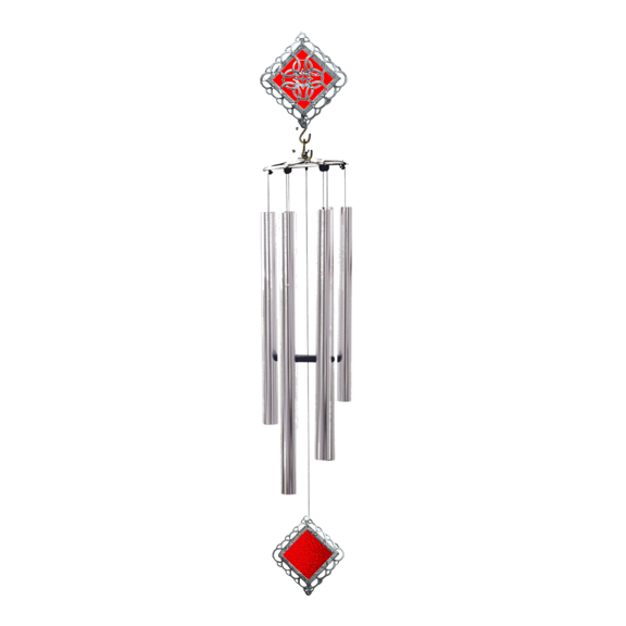 Wind Chime - 36in Stained Glass Crescent - Red Glass - Silver Tube