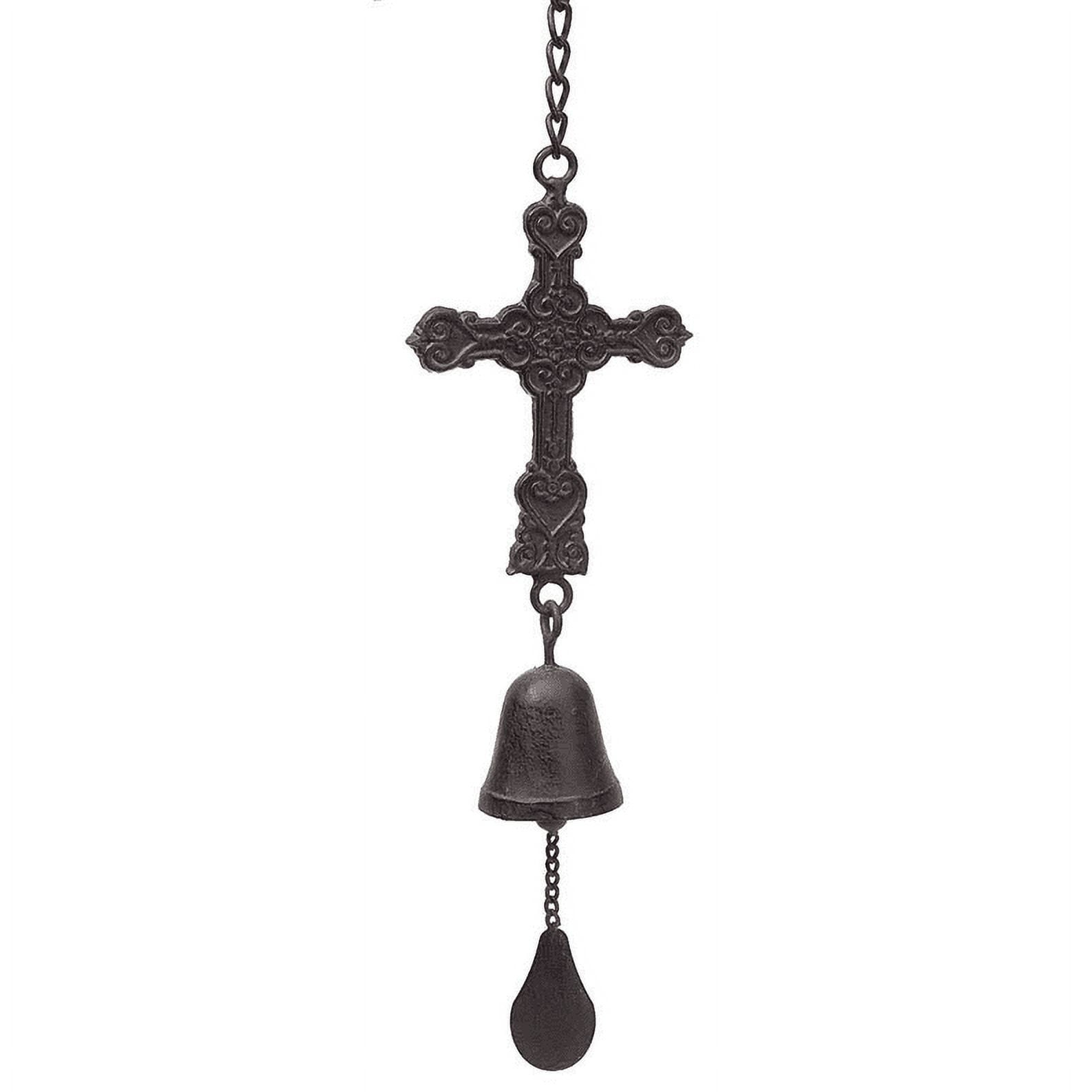 Filigree Embossed Cross and Bell Brown 5 x 8 Metal Hanging Indoor Outdoor Wind Chime