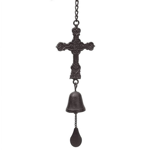 Filigree Embossed Cross and Bell Brown 5 x 8 Metal Hanging Indoor Outdoor Wind Chime